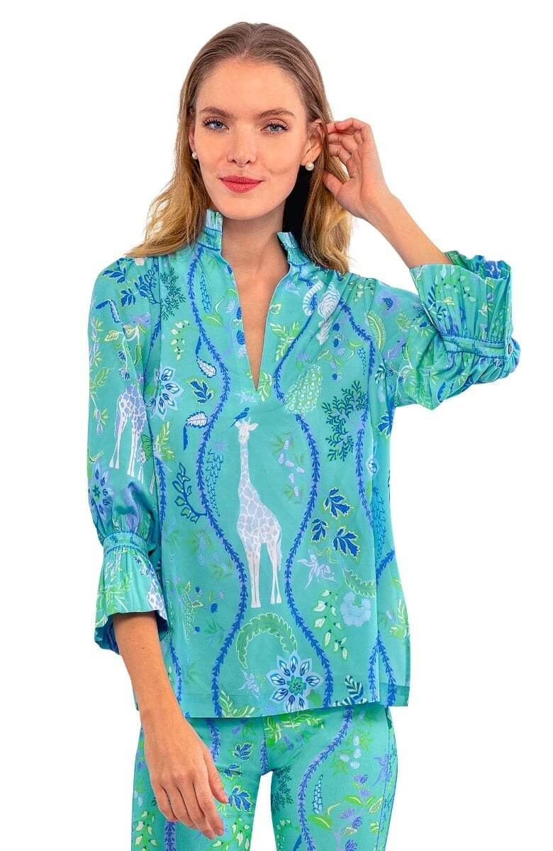 Ruffleneck Tunic - Jungle Symphony turquoise White