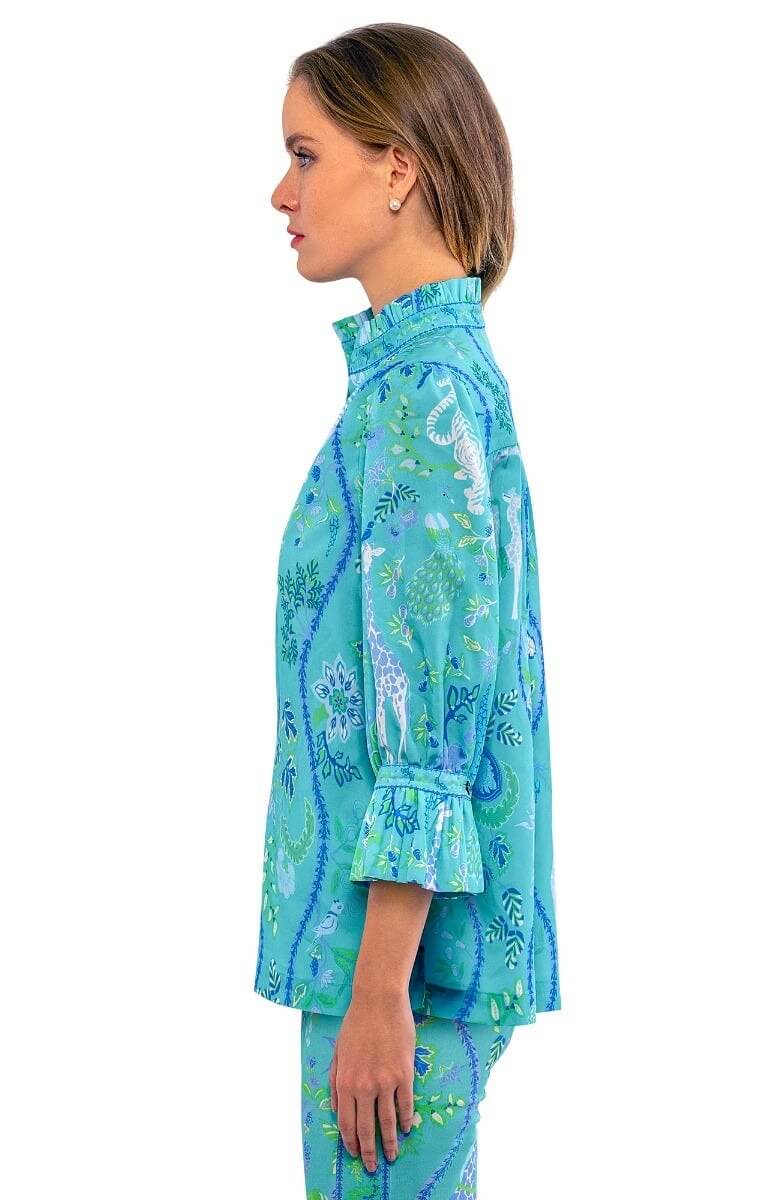 Ruffleneck Tunic - Jungle Symphony turquoise White