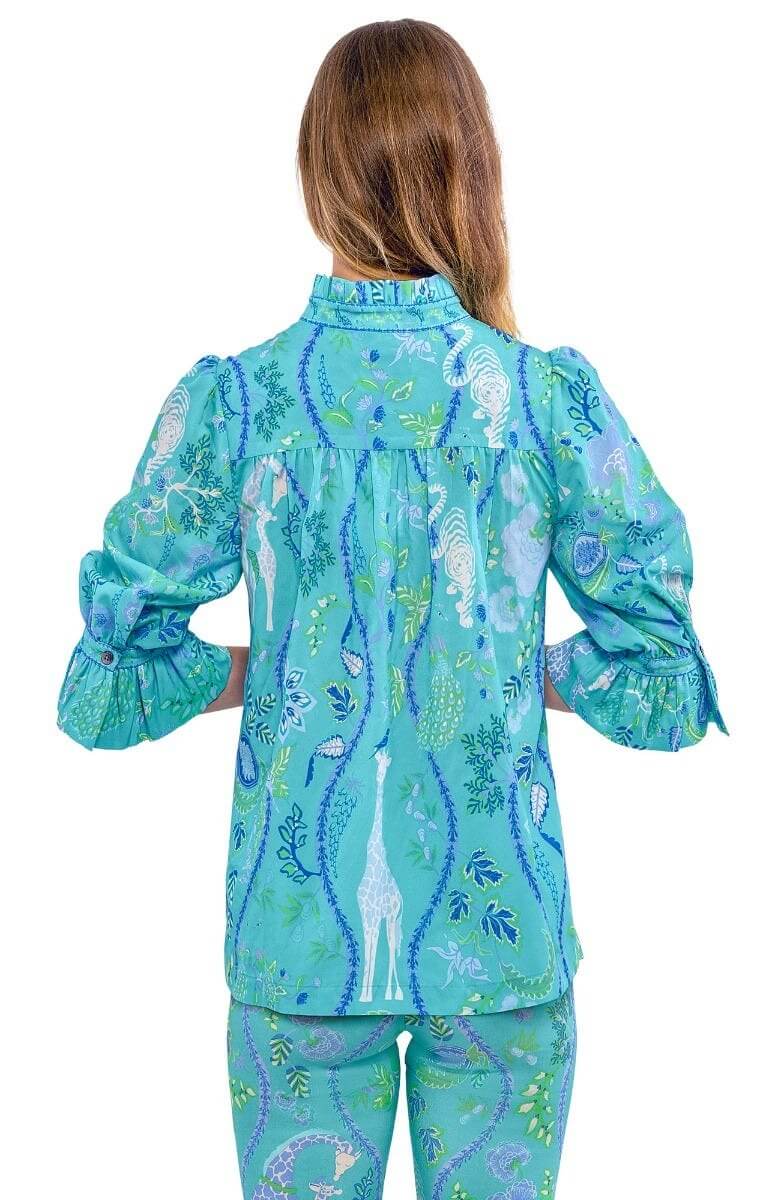 Ruffleneck Tunic - Jungle Symphony turquoise White