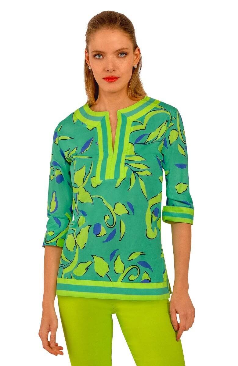 Cotton Split Neck Tunic - Full Bloom Turquoise