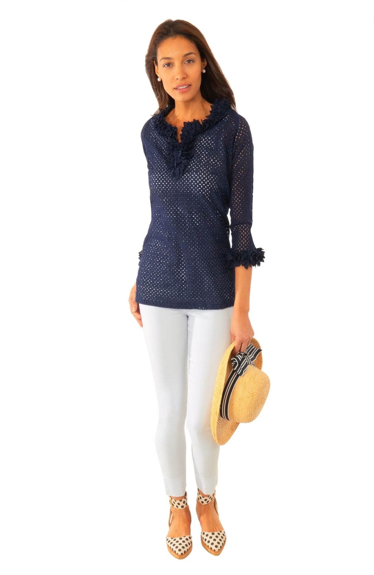 Eyelet Split Neck Top - Zelda - Final Sale Navy