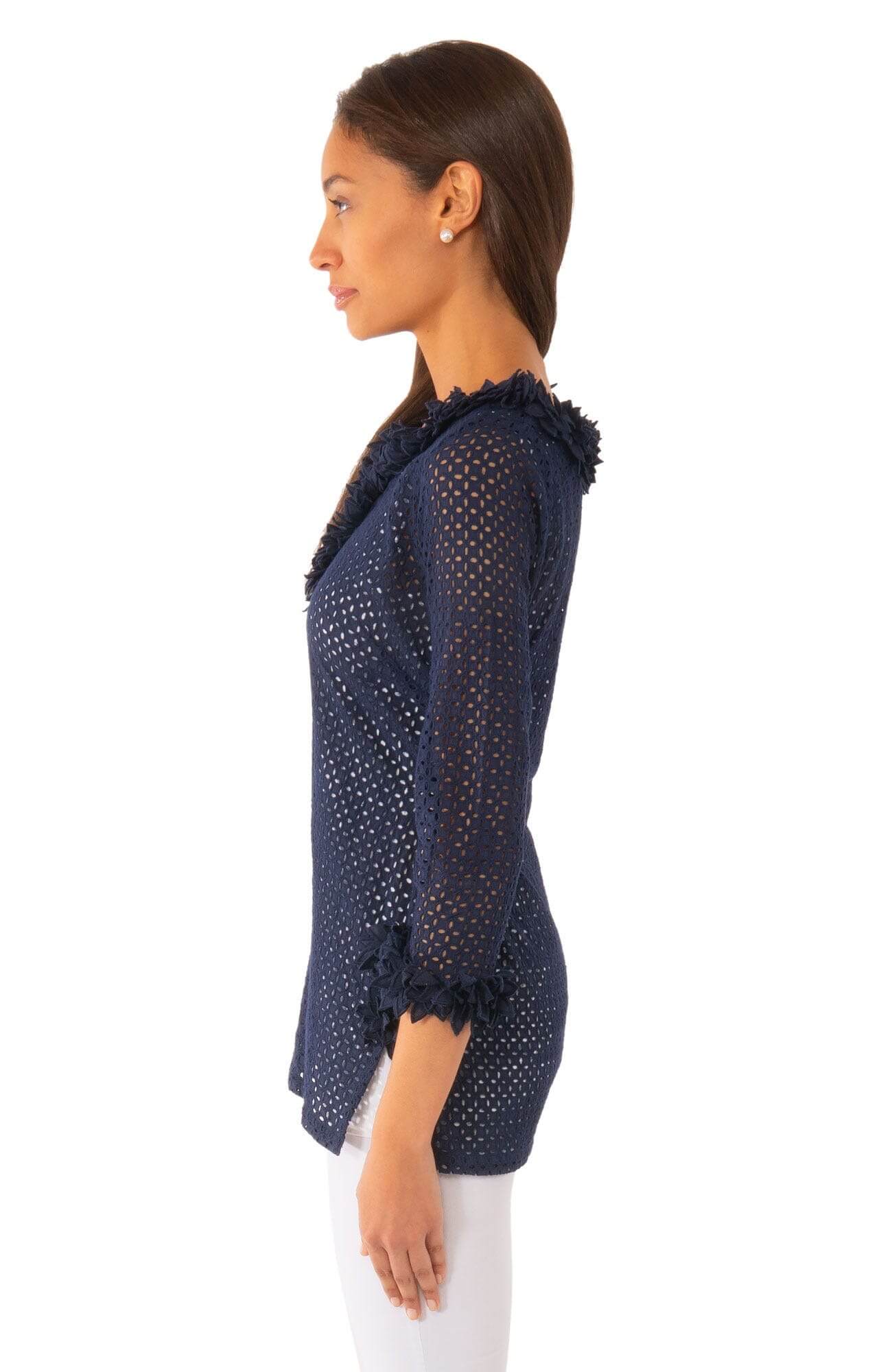 Eyelet Split Neck Top - Zelda - Final Sale Navy