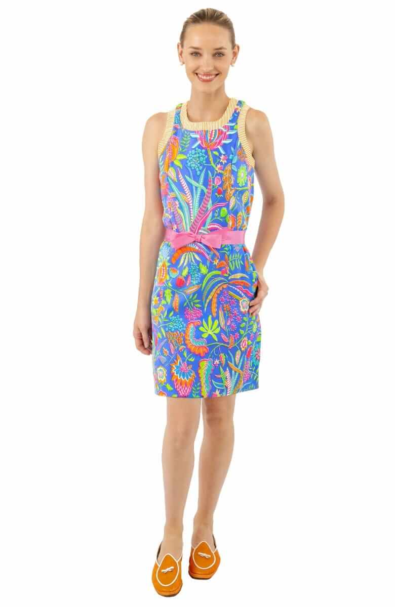 Button Back Dress - Hummingbird Heaven Blue Multi