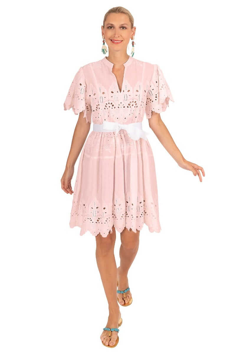 Heavily Embroidered Cotton Magnifico Dress - La Di Da - Final Sale Pink
