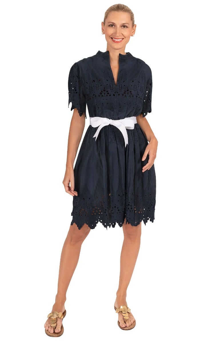 Heavily Embroidered Cotton Magnifico Dress - La Di Da - Final Sale Navy