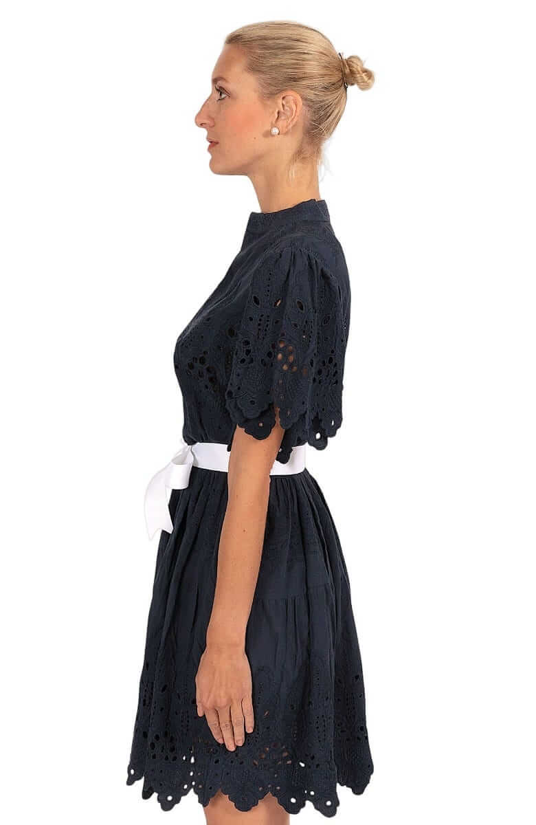 Heavily Embroidered Cotton Magnifico Dress - La Di Da - Final Sale Navy