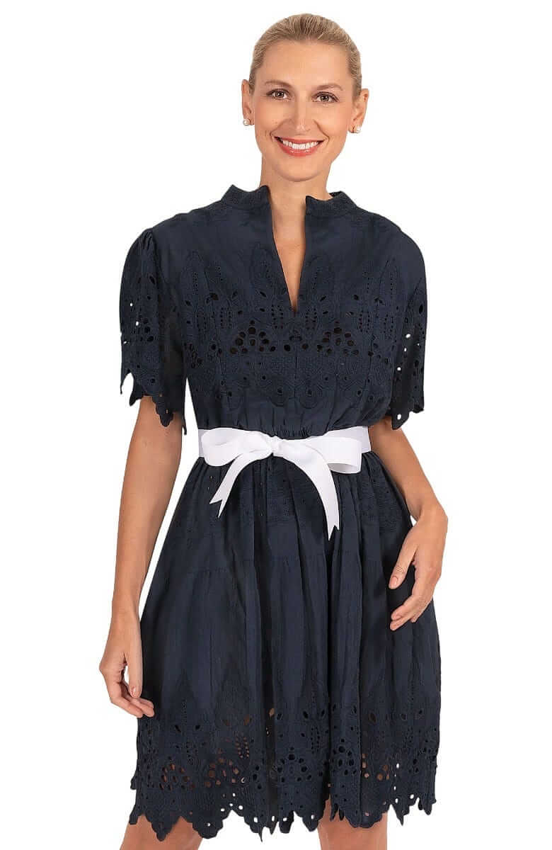 Heavily Embroidered Cotton Magnifico Dress - La Di Da - Final Sale Navy